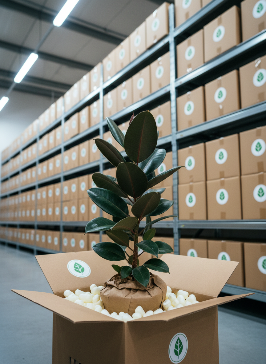 A pristine, climate-controlled storage shelf filled with neatly organized, ready-to-ship plant boxes, each labeled with a simple green leaf logo. One open box in the foreground reveals a carefully secured medium-sized rubber plant surrounded by protective paper and compostable packing peanuts. Cool, even warehouse-style lighting from overhead fixtures casts soft, controlled shadows and emphasizes the tidiness of the operation. Shot from a slightly low, three-quarter angle, the depth of field keeps the front box in sharp focus while softly blurring rows of boxes behind. The photographic realism and orderly composition convey reliability, professionalism, and secure delivery for an online plant retailer.