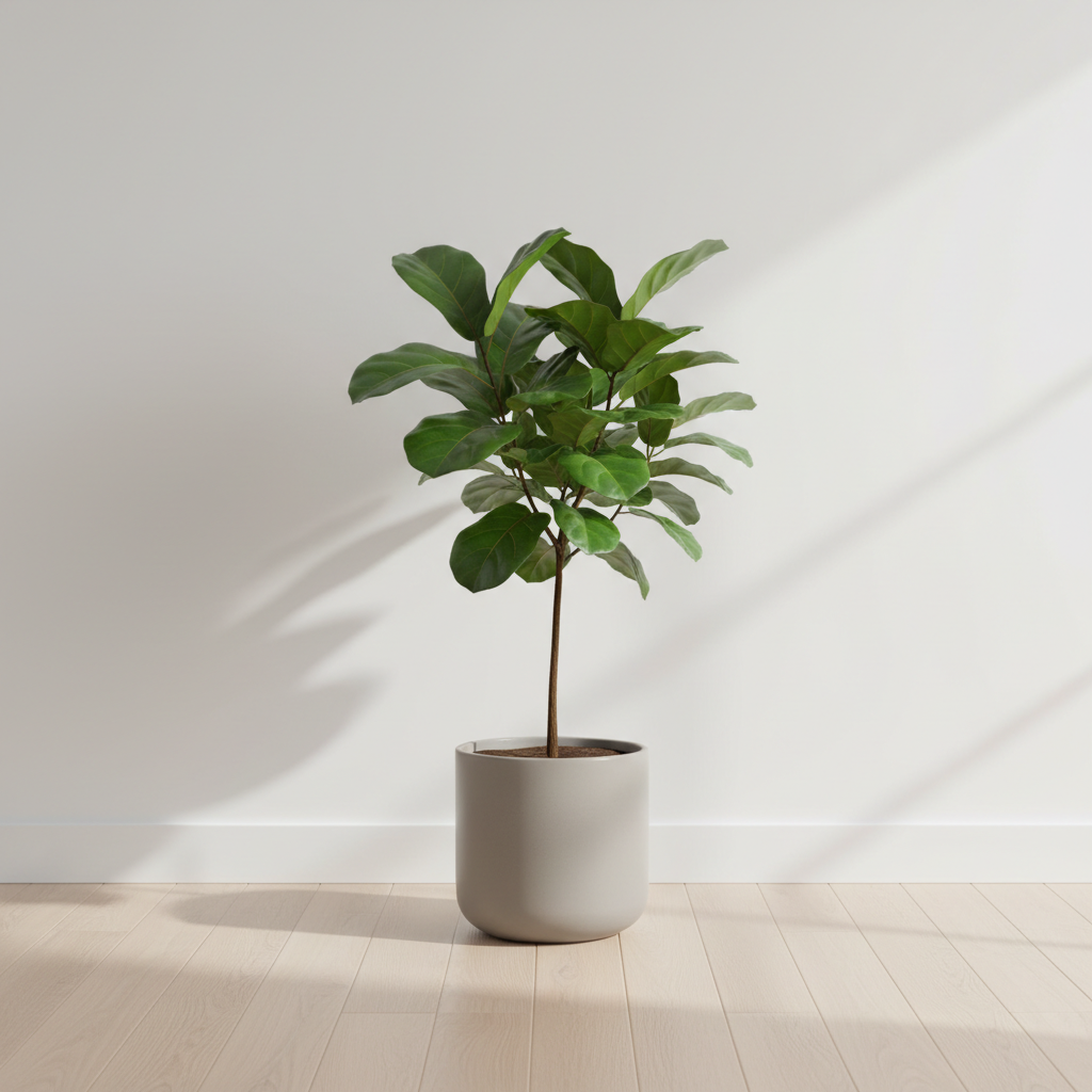A single, flawless fiddle leaf fig in a smooth, light-gray cylindrical planter, positioned on a pale oak floor in front of a pristine white wall. The large, deep-green leaves show sharp veins and a healthy sheen, illuminated by diffused overcast light from the right, creating soft, natural shadows that emphasize the plant’s sculptural form. Captured with a centered composition and shallow depth of field, the background remains minimal and slightly blurred. The photographic style is clean, modern, and highly realistic, conveying health, quality, and reliability, perfect for showcasing a flagship plant product in a professional online store.